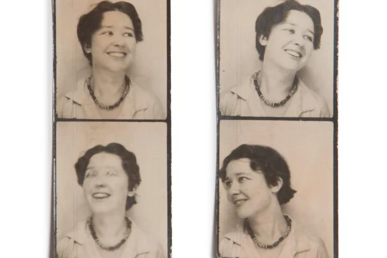Two strips of 2 photo booth photos from the 1930s, of a young woman with a light skin tone and dark hair with a short haircut smiling in each photo.